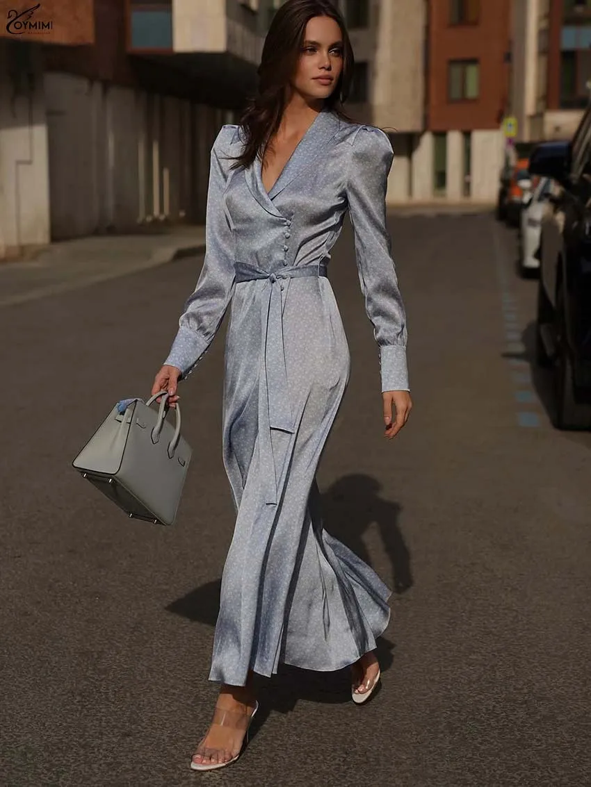 

Oymimi Autumn Blue Print Womens Dresses Fashion V-Neck Long Sleeve Lace-Up Dresses Casual Single Breasted Ankle-Length Dress