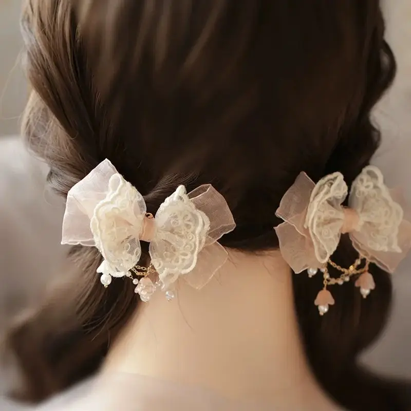 【1 pair】lolita accessories For girls white bow Lolita cosplay hair pins y2k Lace for hair novelty 2024 product hair hooks