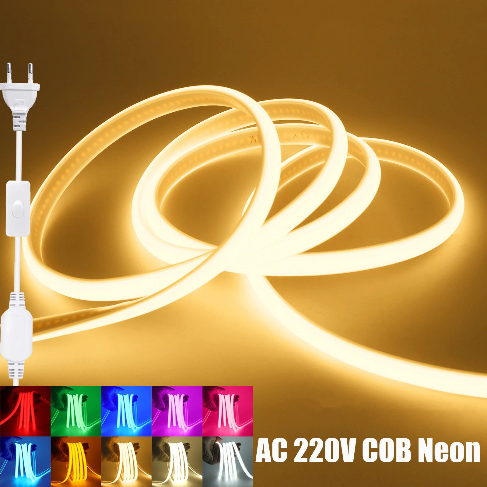 

AC 220V COB Neon Strip with Switch 288LEDs/M Flexible LED Tape Light Waterproof Rope Light EU Plug for Home Decoration