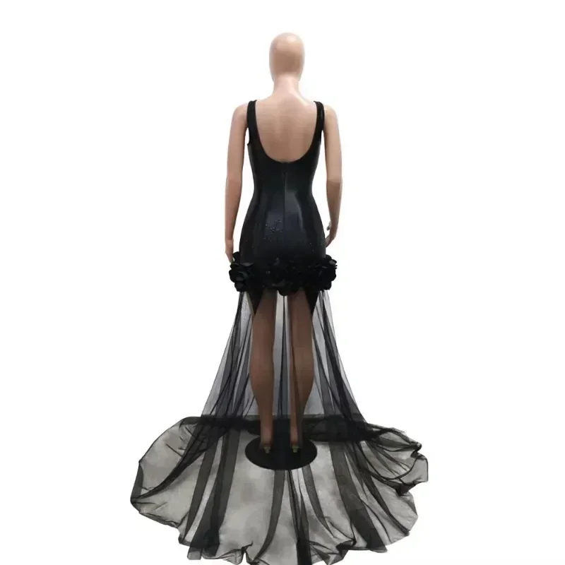 Diamonds 3D Flower Mesh See Through Women Sleeveless Bodycon Long Dress Birthday Party Evening Prom Maxi Mermaid Dresses