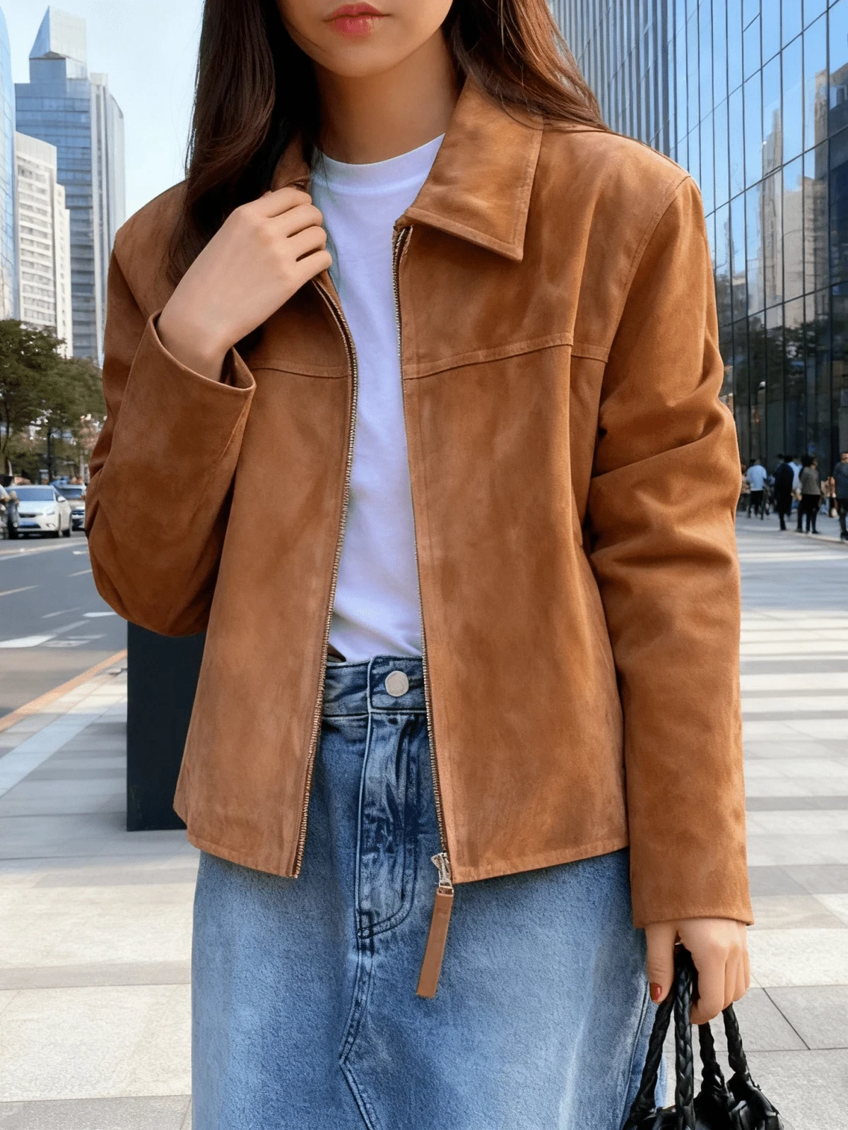 سترة نسائية قصيرة من جلد الغزال الصناعي مع سحاب وطية صدر السترة كاجوال ملابس الشارع لموسم الخريف والشتاء #2