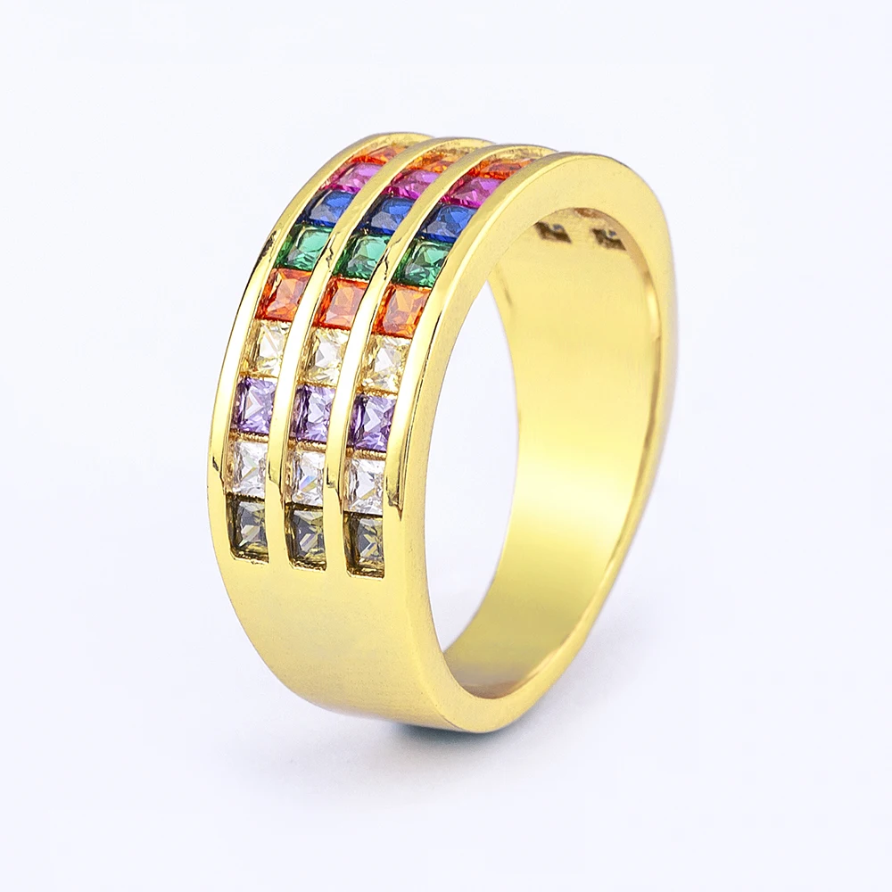 Nidin Luxury Geometry Three Layer Rainbow Shiny Rhinestone Cubic Zirconia Ring Women Retro Jewelry Creative Engagement Gift