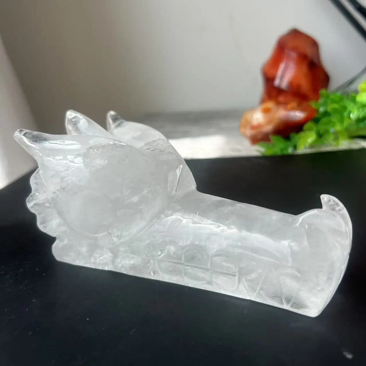 

638g 14.5cm Natural white crystal Stone Dragon Skull Statue