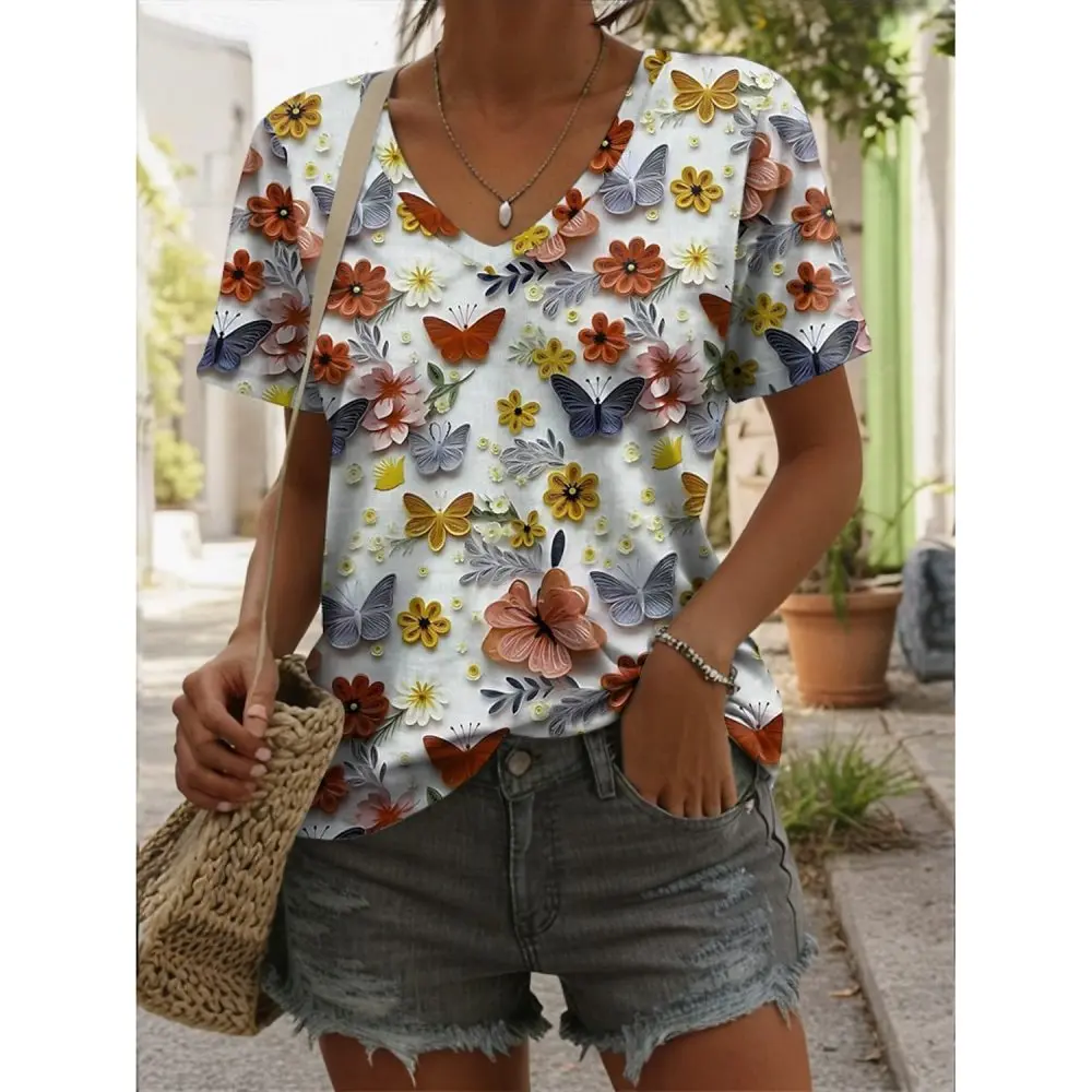 

Fashion Flowers Graphics Women's V-Neck T-Shirt Summer Casual Outdoor Short Sleeve Tops Style Oversize Loose Women's Clothing