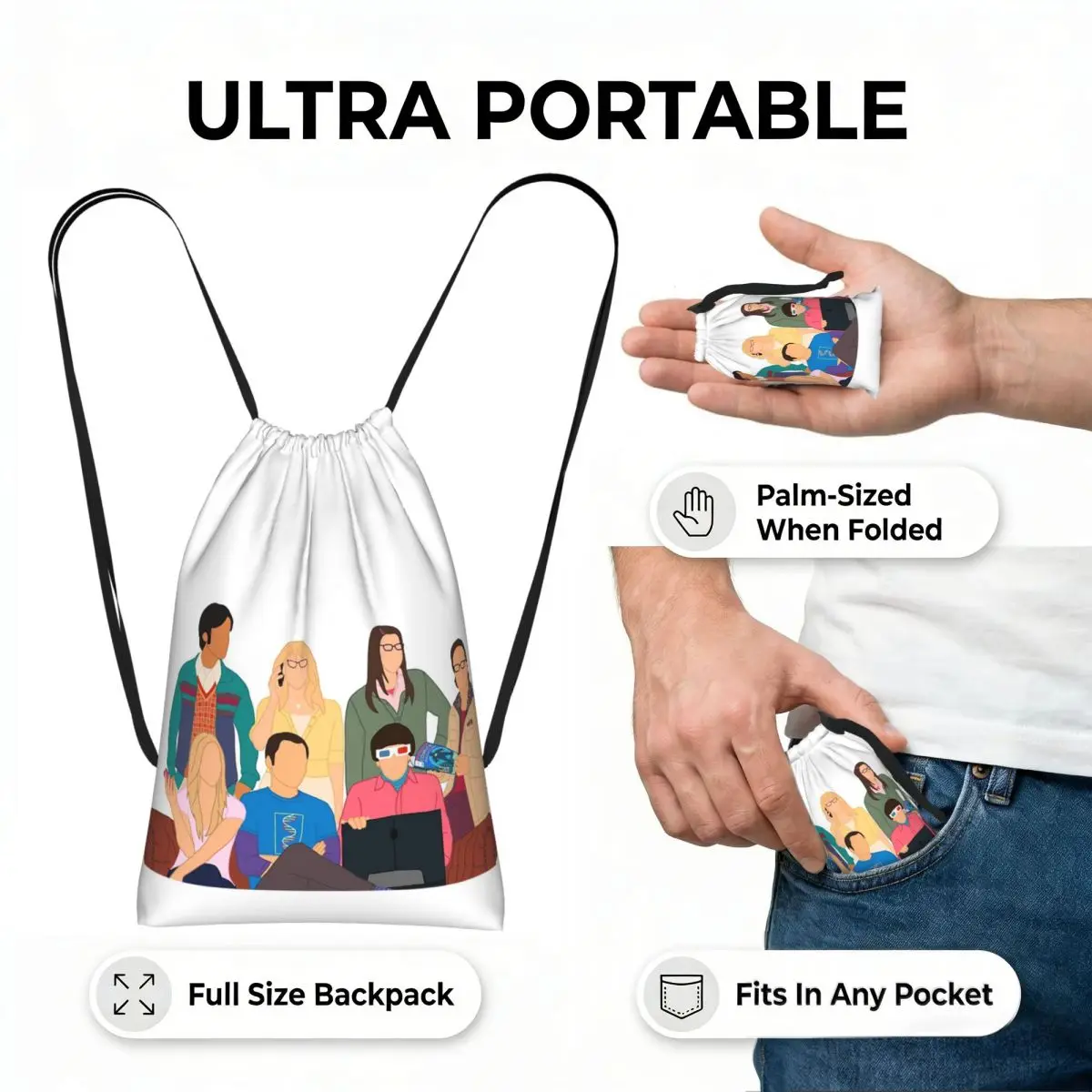 Big Bang Cast On Sofa He The Big Bang Theory Drawstring Backpack hiking cycling Bag Lightweight Foldable Storage Drawstring Bag