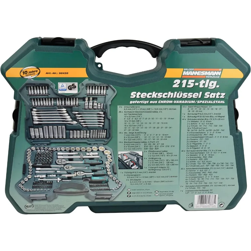 Mannesmann M98430 - Maletín con llaves de vaso yastas Herramientas (215 قطعة، حجم: 12x36x51 سم)، اللون Verde Mannesmann