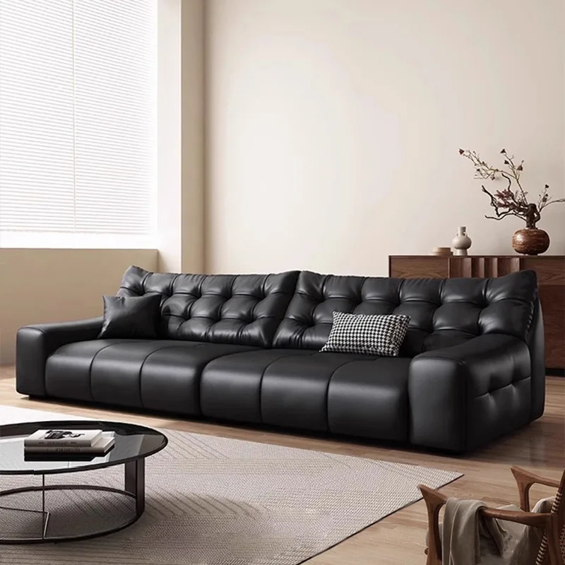 Italian minimalist, sofa living room leather sofa first layer cowhide high backrest black leather art sofa