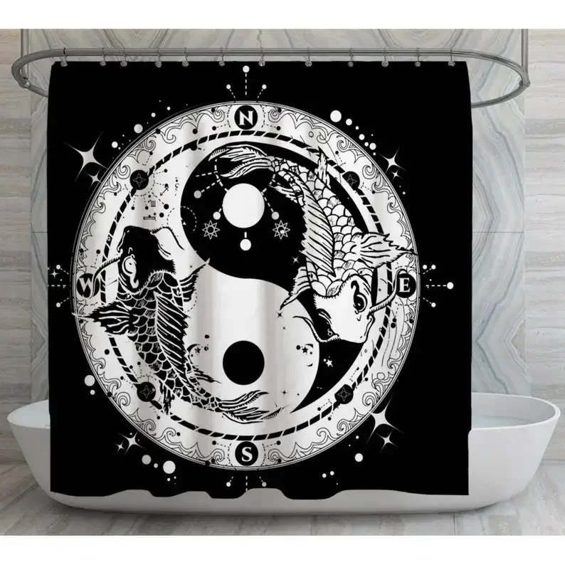 Yin Yang By Ho Me Lili Shower Curtains Koi Fish Black And White Carps Compass Waterproof Fabric Bathroom Decor