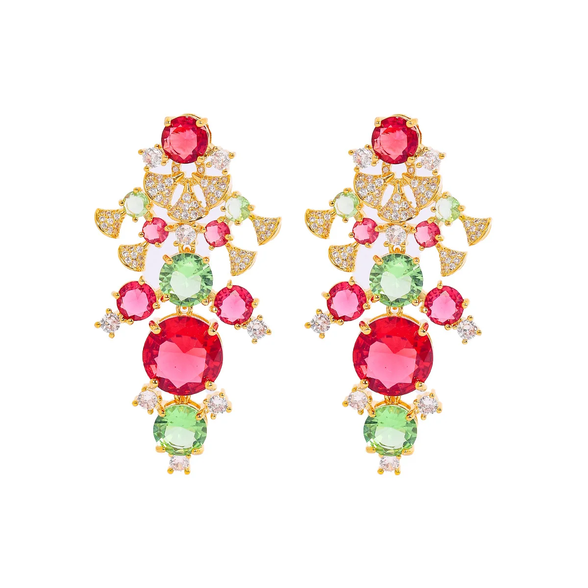 Gold Tone Red & Green Multi-Cut Gemstone Drop Earrings with Clear CZ Accents, Women's Vibrant Statement Jewelry