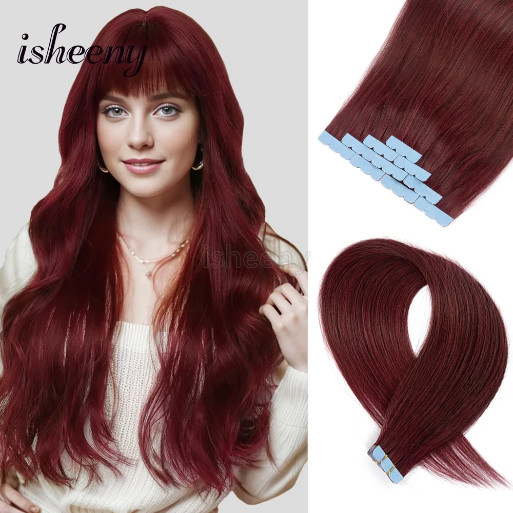 شريط صغير غير مرئي أحمر من isheeny في الشعر البشري 12 بوصة 16 بوصة 20 بوصة شريط شعر بشري ريمي حقيقي 10 قطعة/الحزمة للشعر المخرج