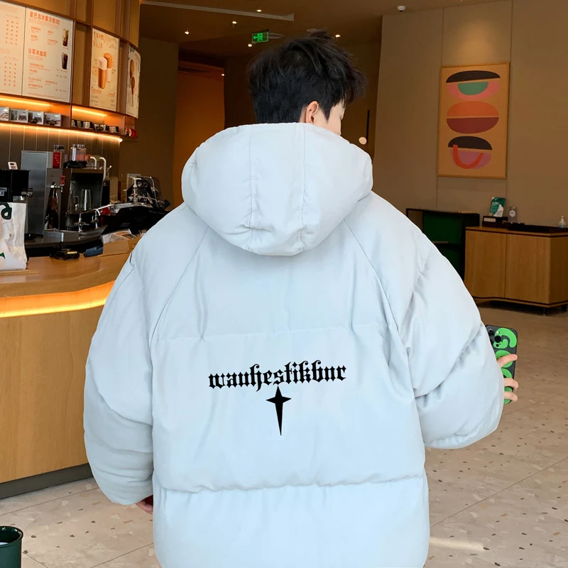 

Men's down Cotton Jaet Winter Thi Warm Hooded Coat Youth Large Size Bread Sle Casual Warmth Coat Zipper Closure Pure Color