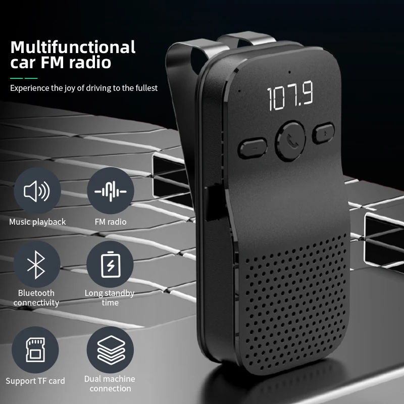 Bluetooth Handsfree Car Kit Speaker FM Radio Wireless Audio Receiver MP3 Music Player Noise Cancelling For Car Sun Visor Clip