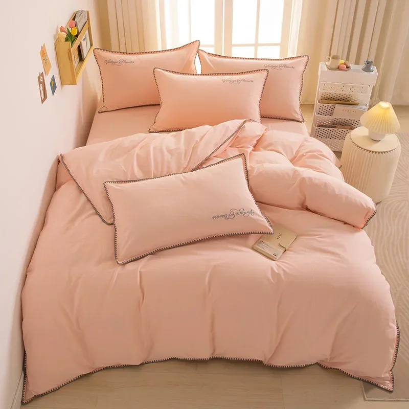 150/180/200CM Pink Solid Color Water Wash Cotton Bed Sheet Duvet Cover Pillowcase Four-piece Spring Autumn Bedding Set M063-4