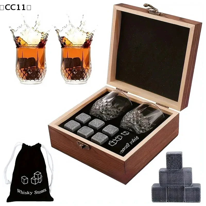 Regalo para el Día del Padre, juego de piedras para whisky, 8 cubitos de hielo de granito + 2 vasos para whisky en caja de madera, regalo para papá〔CC11〕