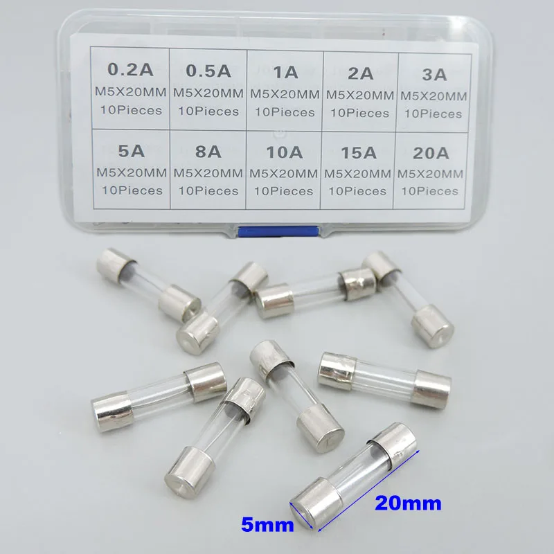 100Pcs/box Set 5x20mm Quick Blow Glass Tube Fuse Assorted Kits, Fast-blow Glass Fuses 0.2a 0.5a 1a 2a 3a 5a 10a 15a 20a amp t