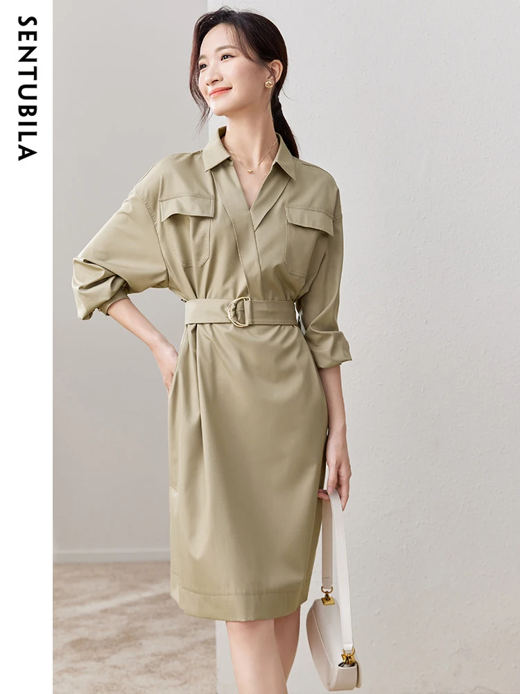 SENTUBILA Women's Office Lady Shirt Dress 2024 Autumn Fashion Business Elegant Temperament Belt Pocket Solid Dresses 133L50348