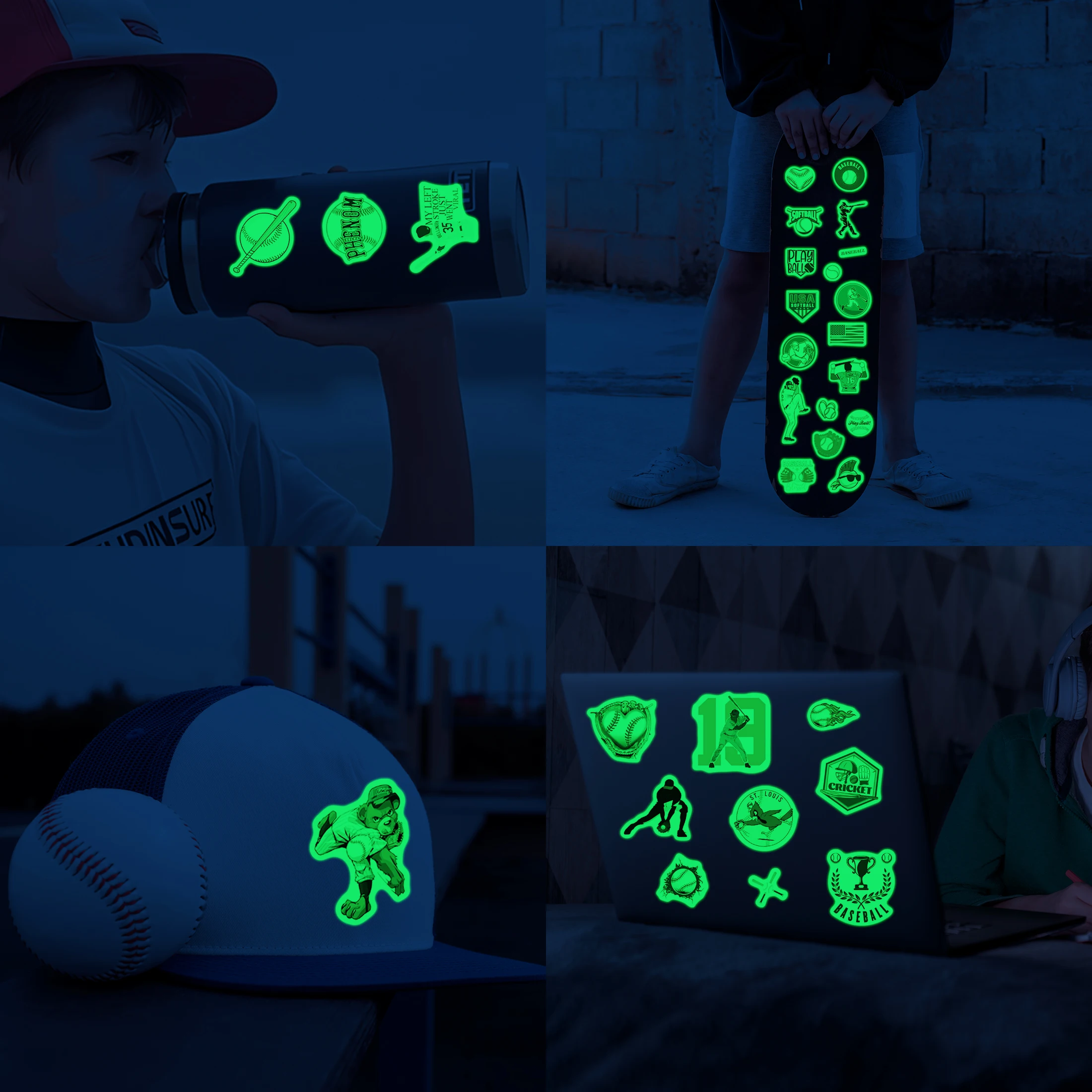 Glow in The Dark Baseball Stickers 72pcs Sport Style Luminous Self-adhesive Water Bottle Waterproof Stickers Decoration