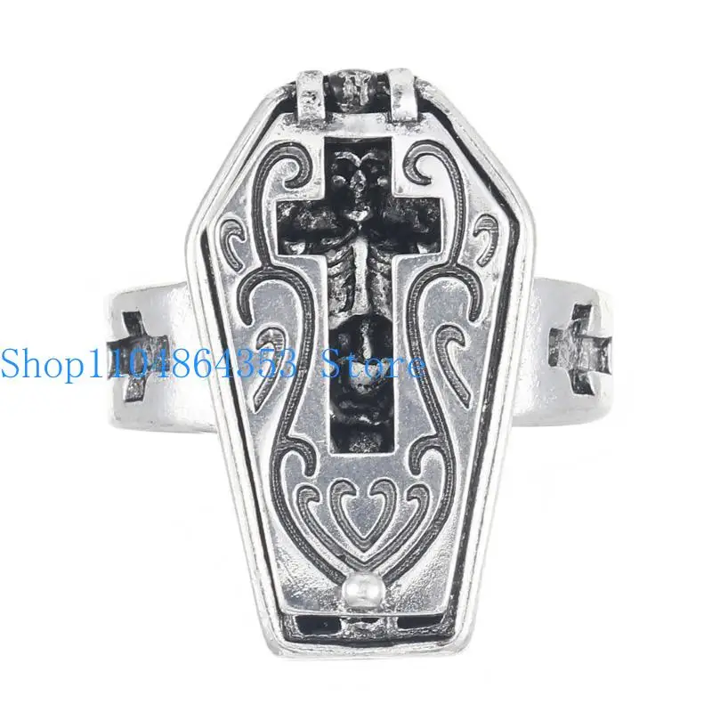Unique Skeleton Coffin Crosses Rings Trendy Open Designs Skull Coffin Crosses Rings Accessory For Fashion Influencers