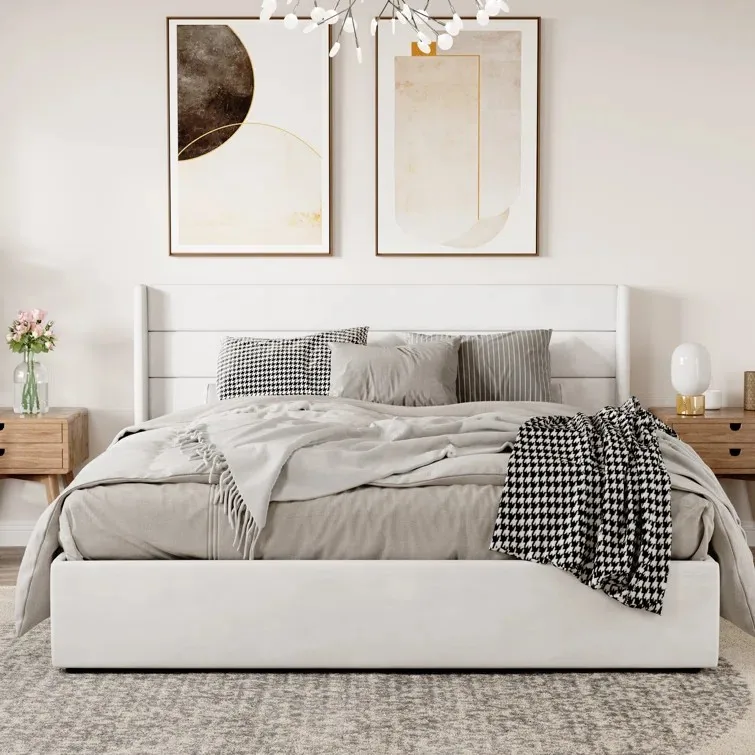 # Hot Sale Spanish Style White Linen Up-holstered Beds Lift up Storage Box Queen Size Bed Frame king Size Bedding