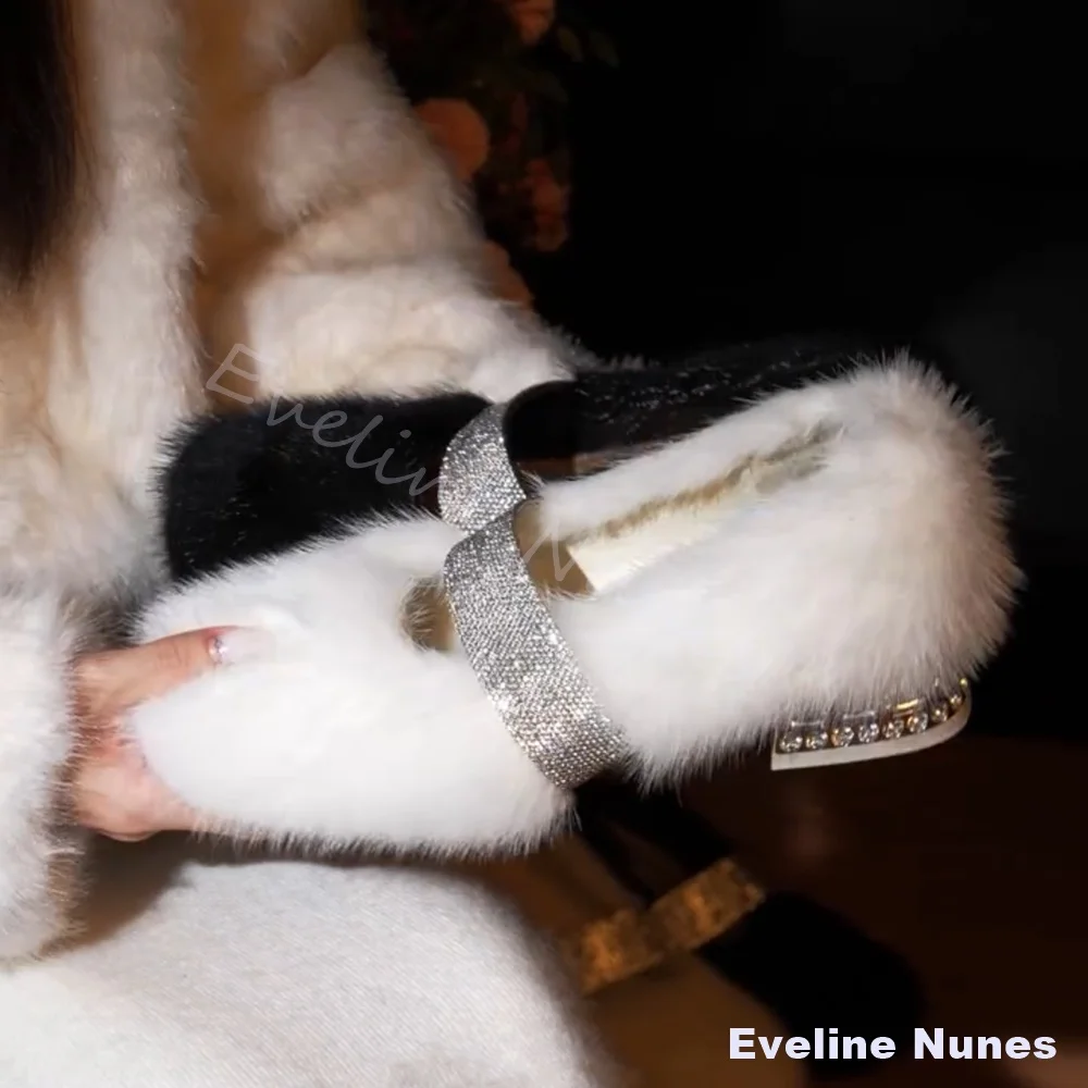 Sparkling Rhinestone 5cm Chunky Heels Furry Shoes Women Crystal One Word Belt Mink Fur Loafers Warm Fleece-lined Cotton Shoes view 3