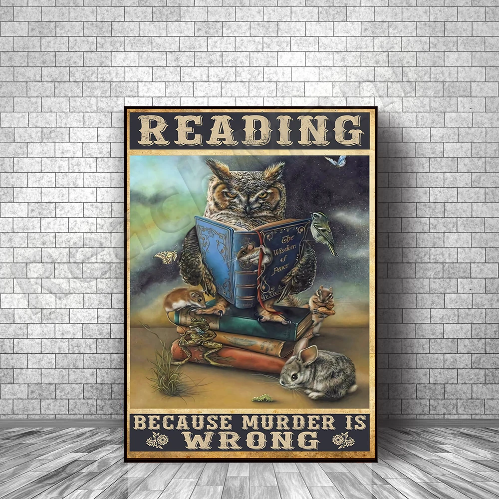 Owl and book lover poster, owl reading because murder is wrong, book art, animal prints, love to read books vintage poster