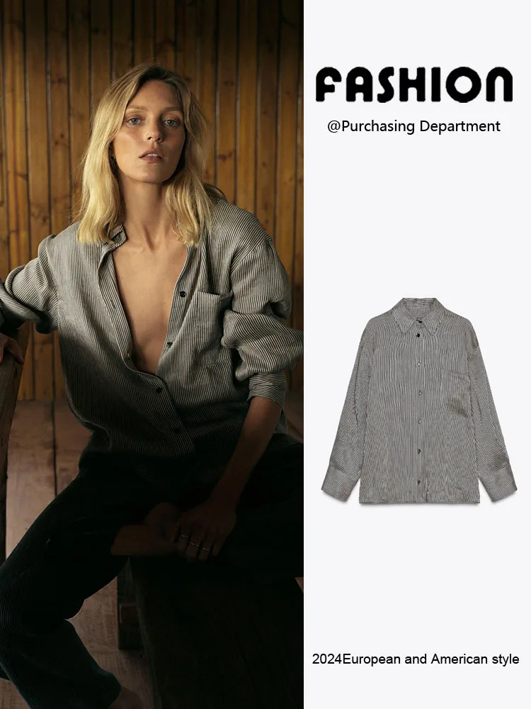 

Casual Striped Long Sve irt Women's Summer New Mixed Fabric Button up Collar Commute Sle Knitted Sweater Ladies Faion