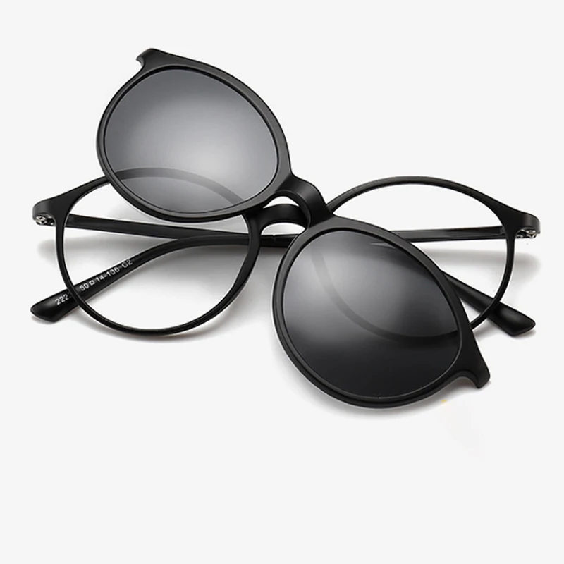 KUNKKA 2223A Classic Magnet Clip on Sunglasses Round Men Women Polarized Gray TR90 Frame Custom Prescription Male Myopia Glasses