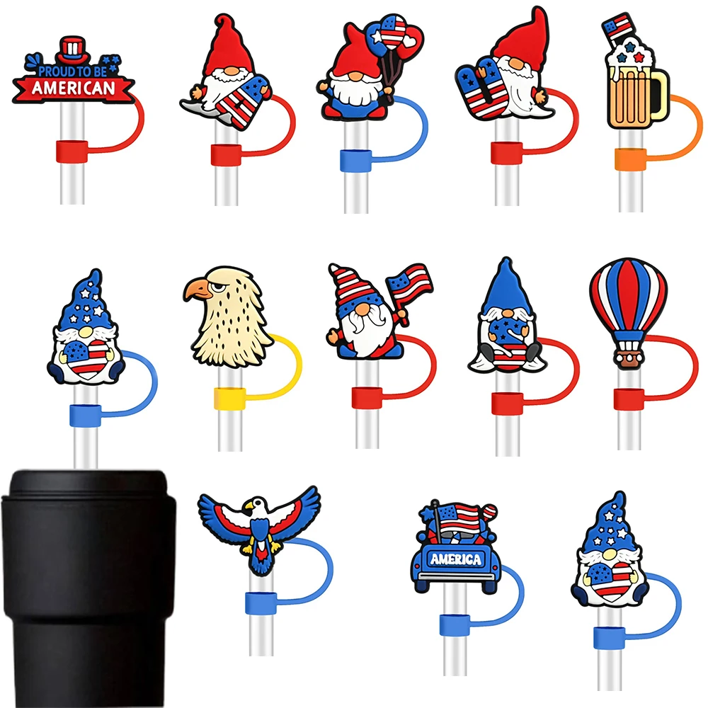 1-12Pcs Cartoon National Flag Dwarf Series Straw Covers For 10mm Dustproof Straw Topper Drinkware Plug Reusable DIY  Party Decor