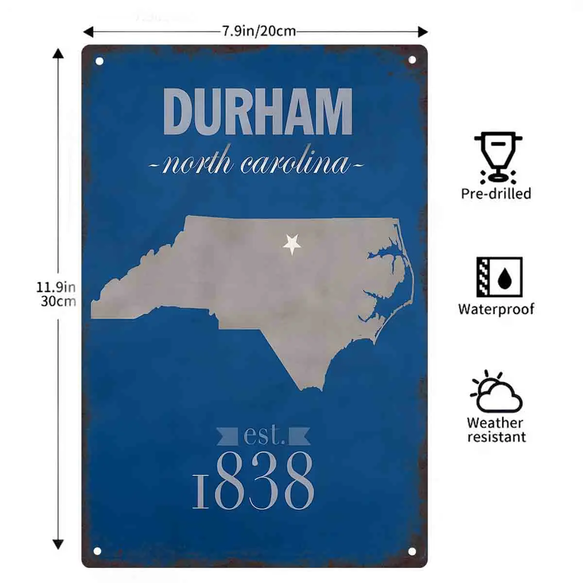 2D FLAT 1pc Durham North Carolina Map Est 1838 Metal Wall Sign Decoration for Home Cafe Garage Bedroom Porch And Garden