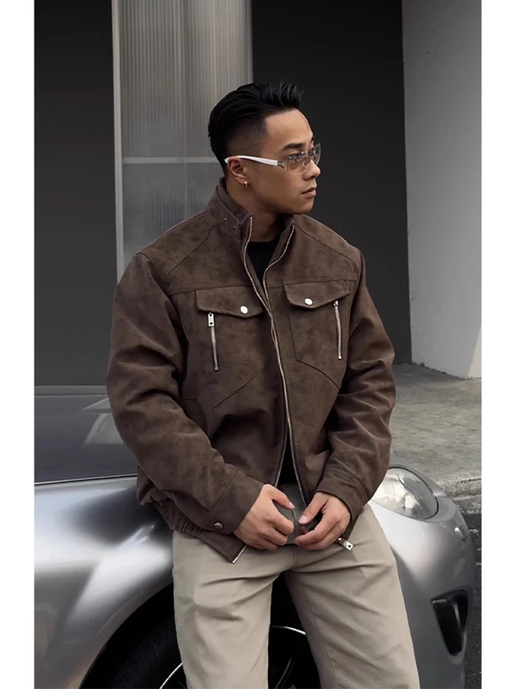 

American Dyed Brown Motorcycle Jaet Men's ort Stand Collar PU Leather Coat Autumn Winter Faionable Wear Resistant