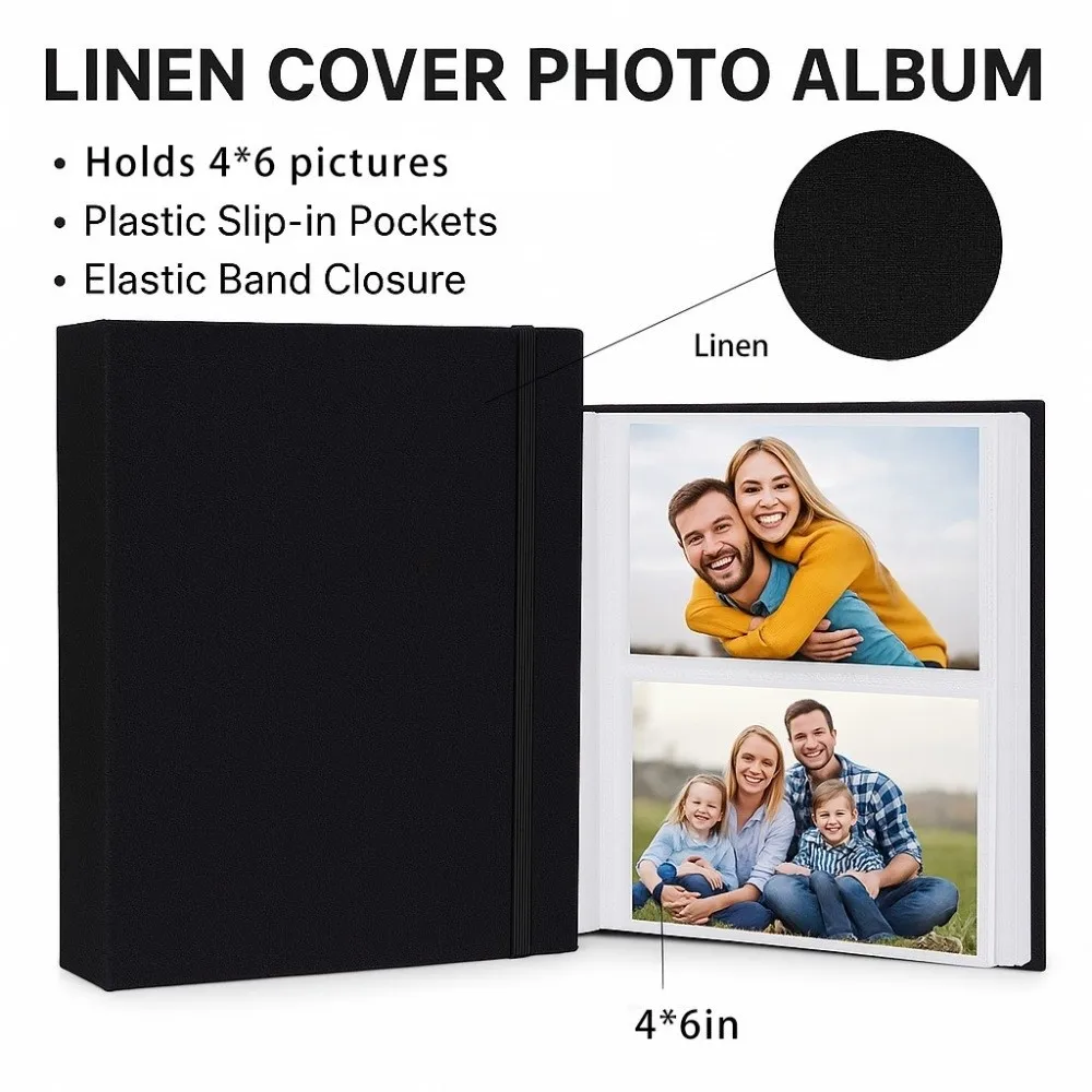 Slip-In Pages Photo Album Elastic Band Closure Plastic Slip-In Pockets Memory Album Vintage Linen Cover Picture Album