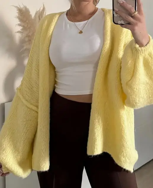 

Cardigan for Women 2025 Spring Autumn New Solid Color Lantern Sleeve Lazy Style Loose Casual Knitted Open Front Sweater Cardigan