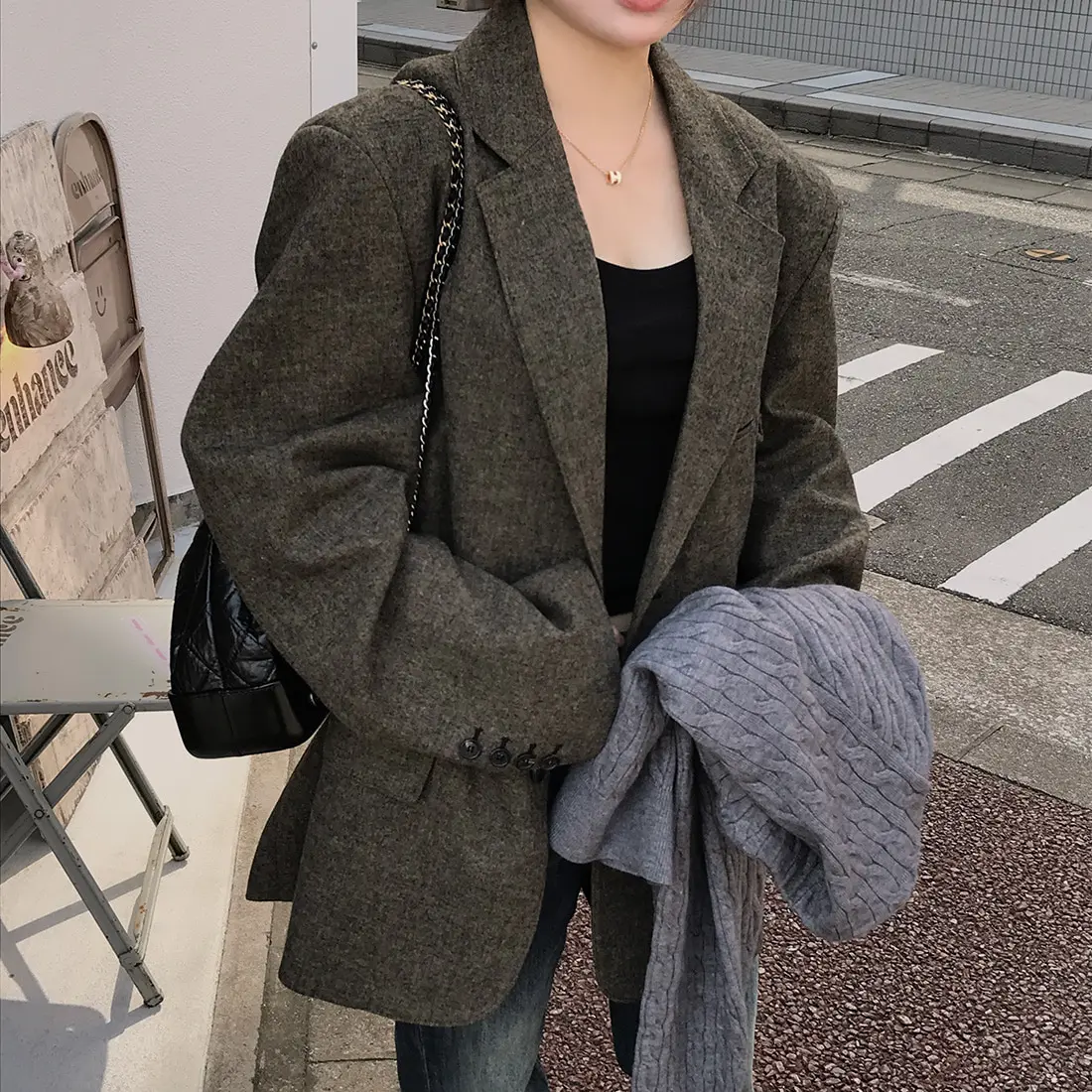 Loose Commuter Style Short Casual Lapel Little Suiting Women's Woolen Coat Long Sleeve Single Button Closure Fashionable