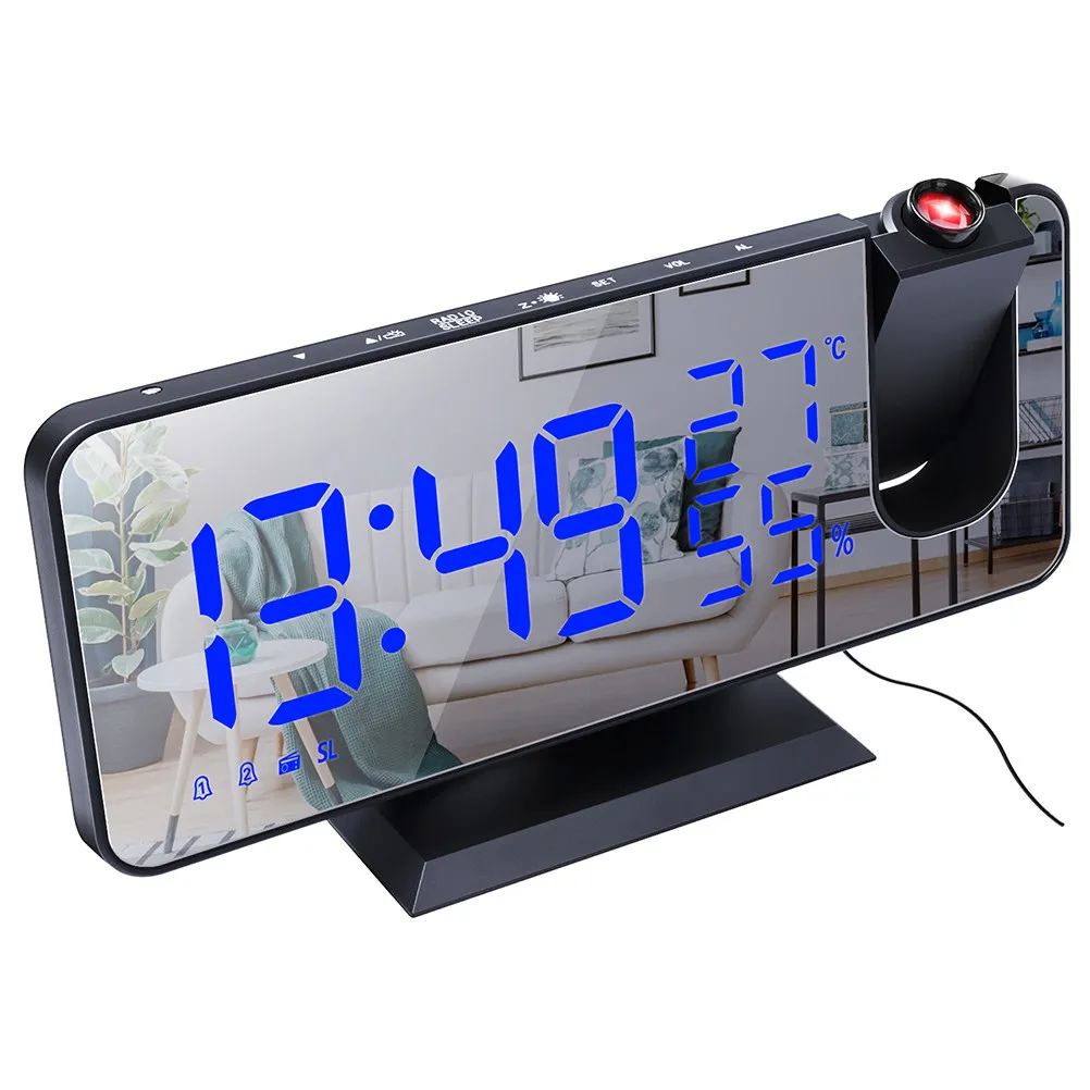 1Set LED Screen Projection Clock Weather Forecast Digital Hygrometer with Fm Radio Indoor Thermometer Alarm Large Display