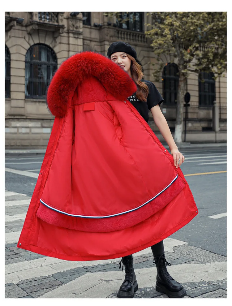 Women Hooded Parkas Coats Long Jackets Solid Detachable Big Fur Lenth Collar Zipper Drawstring Slim Fit Thick Casual 2025 Winter