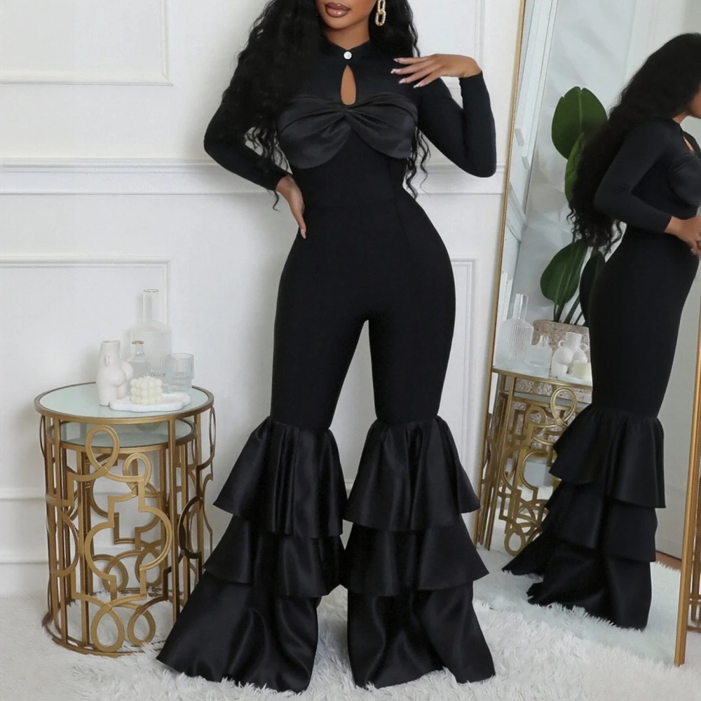 

Women's Autumn Jumpsuits Fashion Flounce Plain Long Sleeve Crew Neck Full Length Flared Pants Party Wear