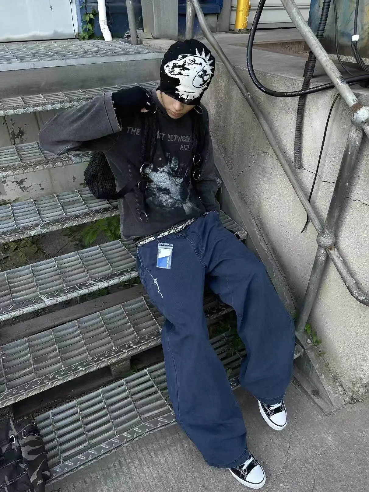 Americal High Street Sword Embroidery  Hair Pocket Aged Destruction Design Work Blue Wide Leg Straight Commuter Jeans