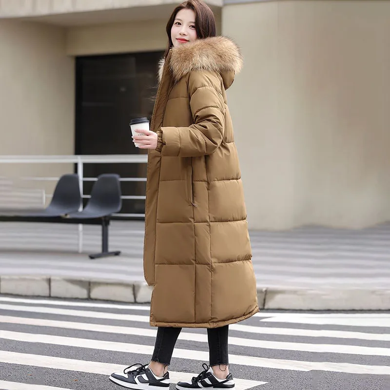 Manteau coréen Long en coton pour femmes, vêtements chauds d'hiver en coton, col en fourrure à capuche, pardessus Parker, vestes matelassées, nouvelle collection