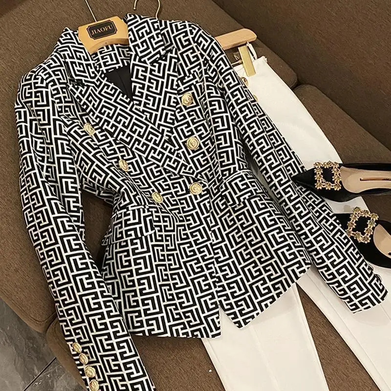 Spring High-end Fashion Women's Elegant Mid To Long Suit Jacket with Collar Print Design and Double Breasted Versatile Jacket