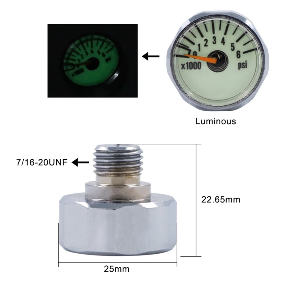 New Scuba Diving Pony Bottle Pressure Gauge 1 Inch Face 350 BAR/5000 PSI 7/16Inch-20UNF Threads