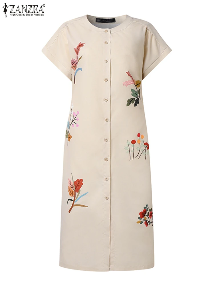 ZANZEA Damskie sukienki midi w kwiatowe wzory, eleganckie sukienki z dekoltem typu O, krótkim rękawem, zapinane na guziki, dopasowane, wiosenno-letnie ubrania damskie, rozmiar 3XL