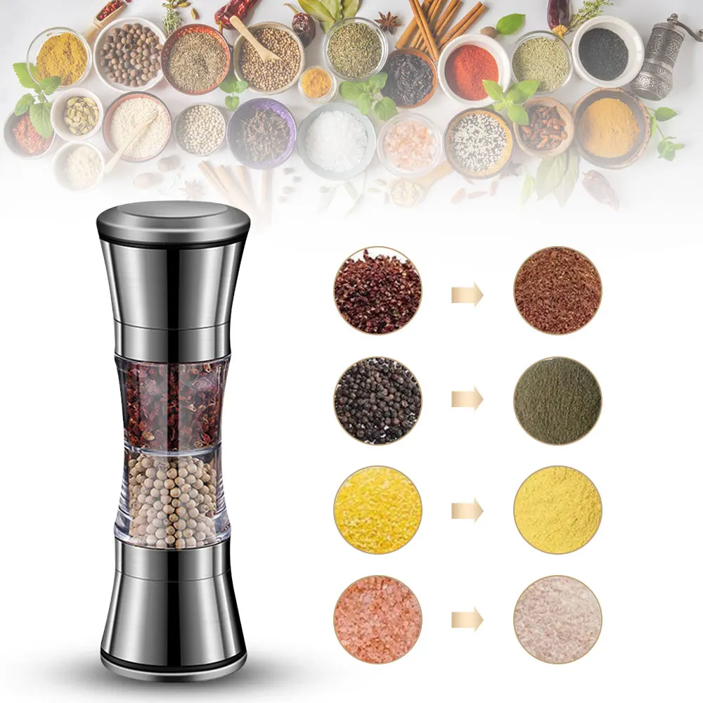 Two-in-one Pepper Grinder Stainless Steel Double-head Kitchen Gadgets Sea Salt Spice Manual Two-head Grinder Kitchen Supply