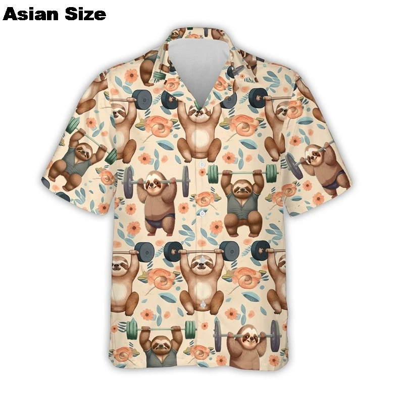 Funny Animals Fitness Graphic Short Sleeve Shirts For Men Clothes 2025 Summer Hawaii Lapel Blouse Gym Sport Blouses Dumbbel Tops