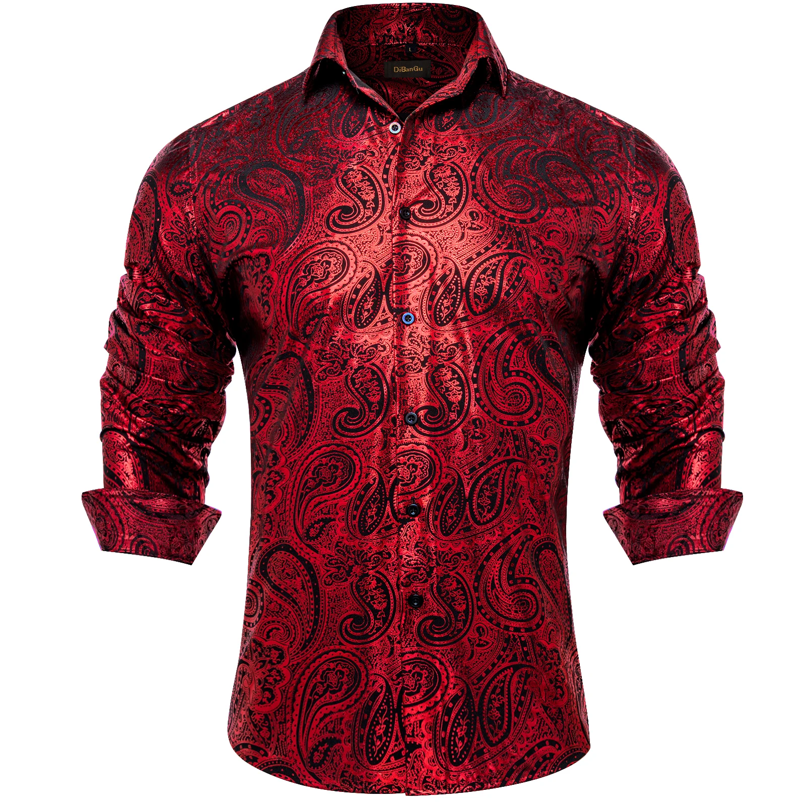 Camisa de seda estampada Paisley masculina, camisa de manga longa, tops slim fit, dourada, vermelha, verde, cáqui, roupa social, luxo