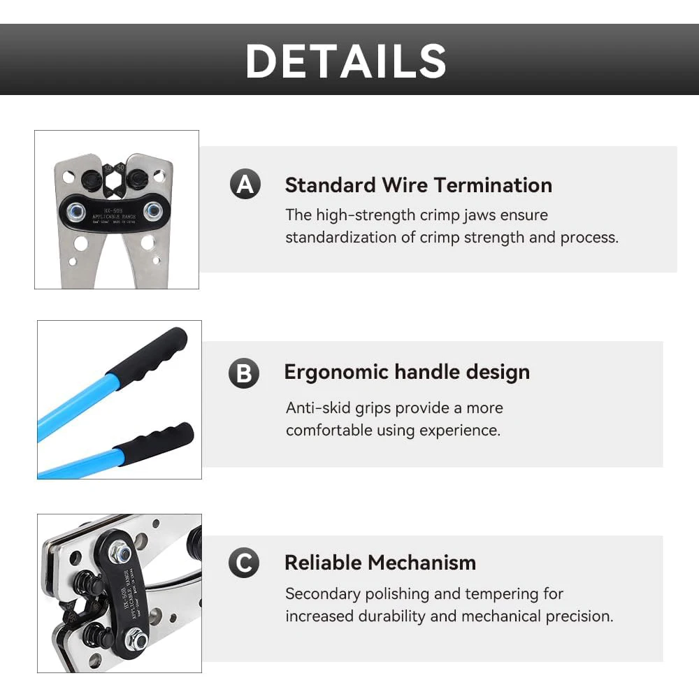 Battery Cable Terminal Crimping Tool 10-1/0 AWG, 60 Copper Ring Terminal Lugs Set, Heavy-Duty Terminal Crimping Device