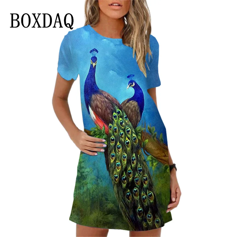 Peacock 3D Print Dress Women's Graffiti Pattern Kawaii Dress Fashion Short Sleeve Summer Clothing Women's O-Neck Loose Fit Dress