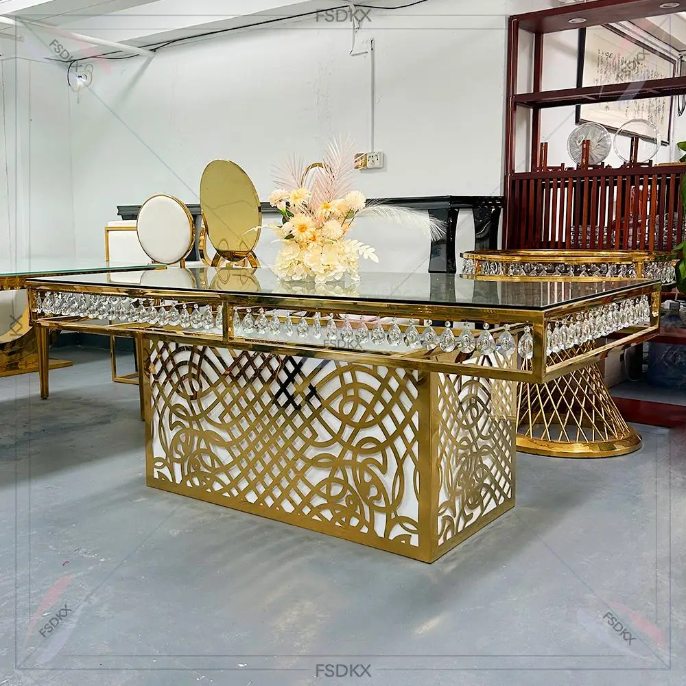 Golden Stainless steel Luxury Hotel Crystal Dining table With Tempered Glass