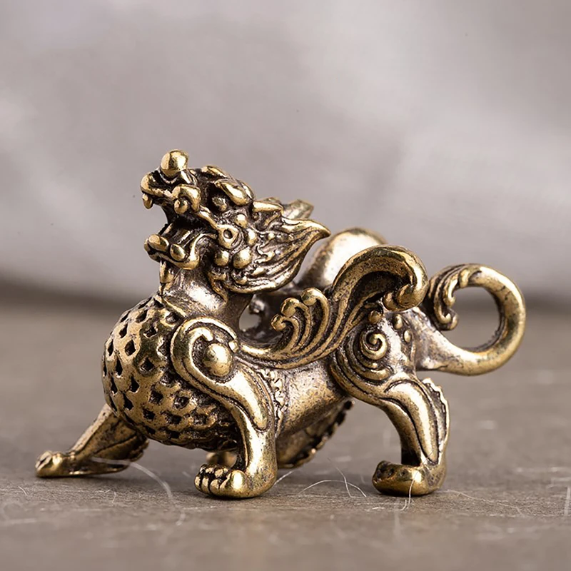 1PC Statue Copper Figurine Wealth Brass Decor Prosperity Chinese Style Ornament Qilin Dragon Luck Animal Fengshui Vintage