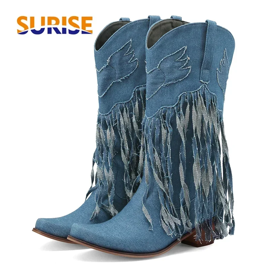 Winter Western Women Mid-calf Boots Cowboy Blue Fringe Denim High Block Heels Winter Cowgirl Round Toe Tassel Slip-on Half Boots