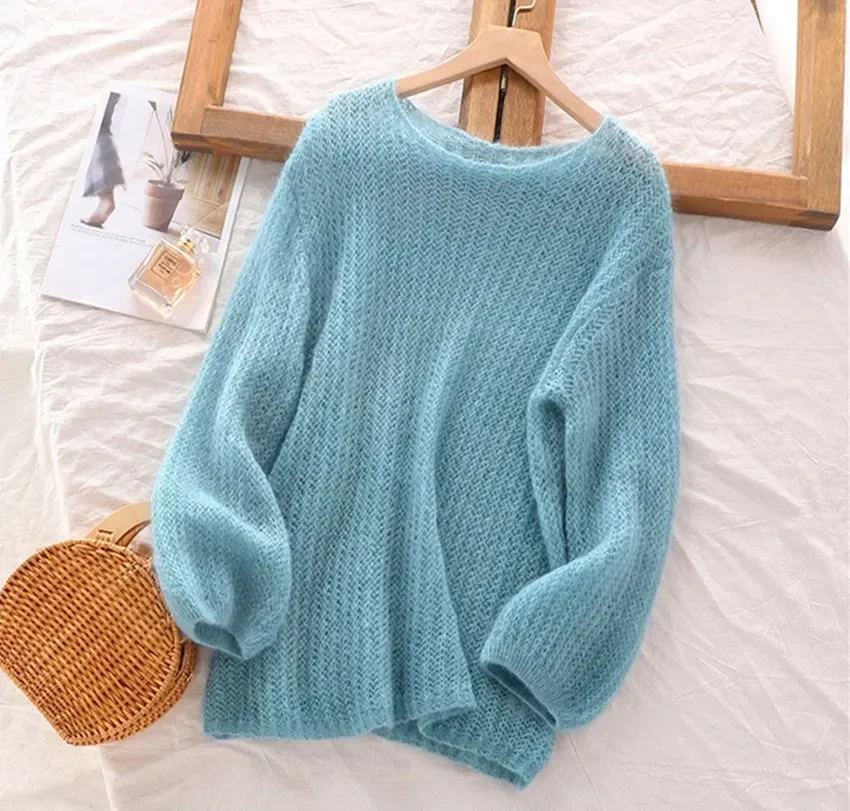

New 2025 Spring Autumn Mohair Blue Thin Sweater Tops Fashion Women O Neck Knitted Hollow Out Soft Loose Pullovers Ladies